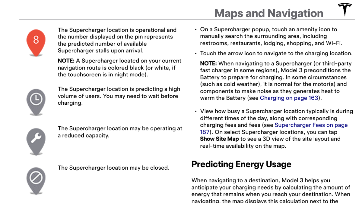 Tesla owner manual Supercharger status icons and predicted energy guidance