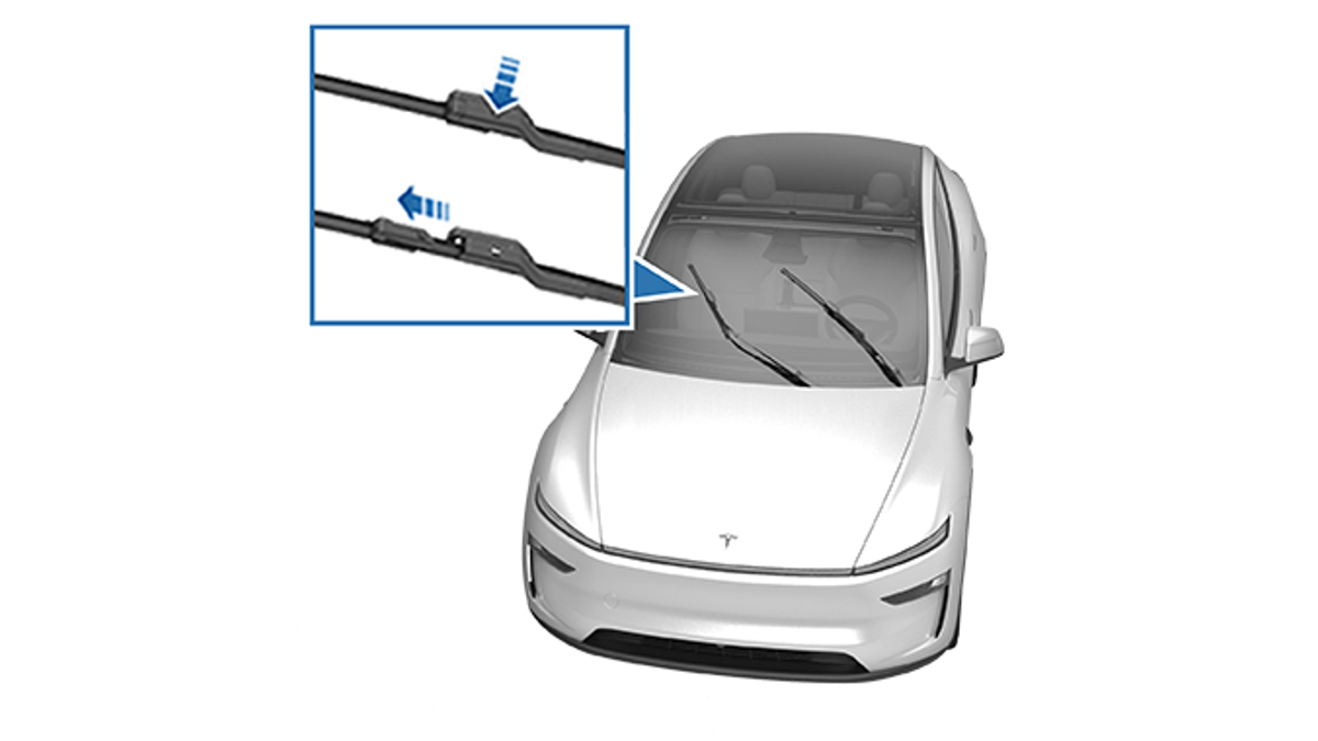Tesla Model Y wiper blade connector and removal direction for vehicles manufactured from approximately February 2025