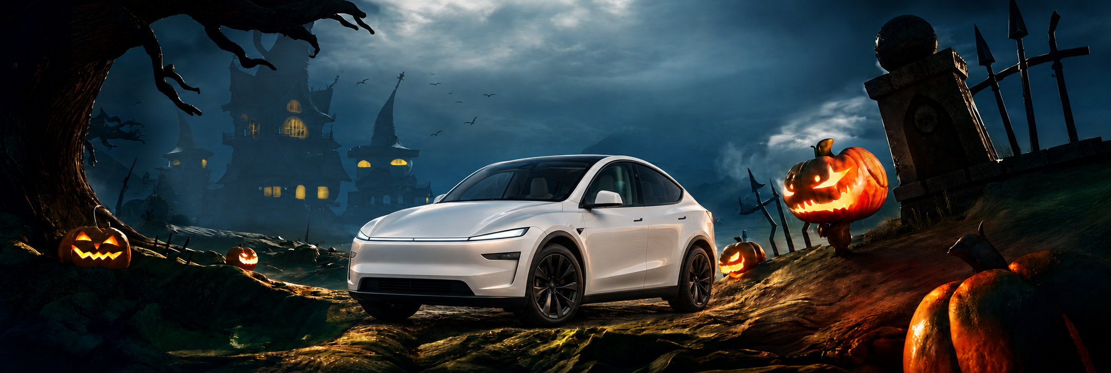 A white Tesla in a Halloween landscape with a spooky castle and glowing pumpkins